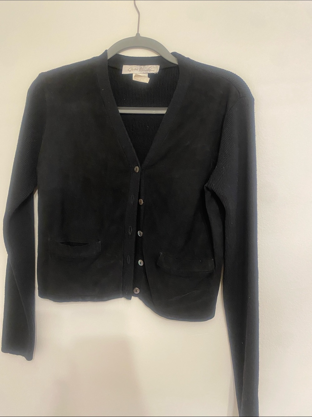 Vintage Susie Tompkins Wool Knit and Leather Mixed Media Cardigan. True Black